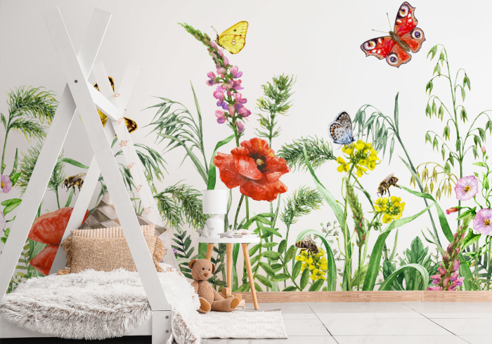 Fototapete Schmetterlinge über Wiese im Kinderzimmer
